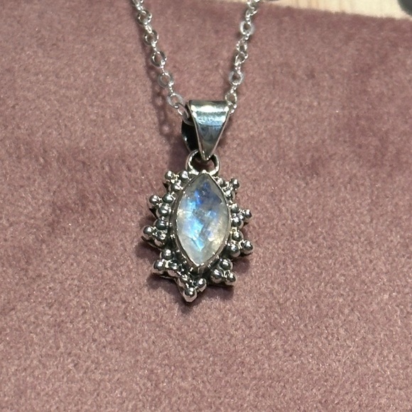 Rainbow Moonstone Faceted Marquise Halo Pendant Sterling Silver - Picture 6 of 8